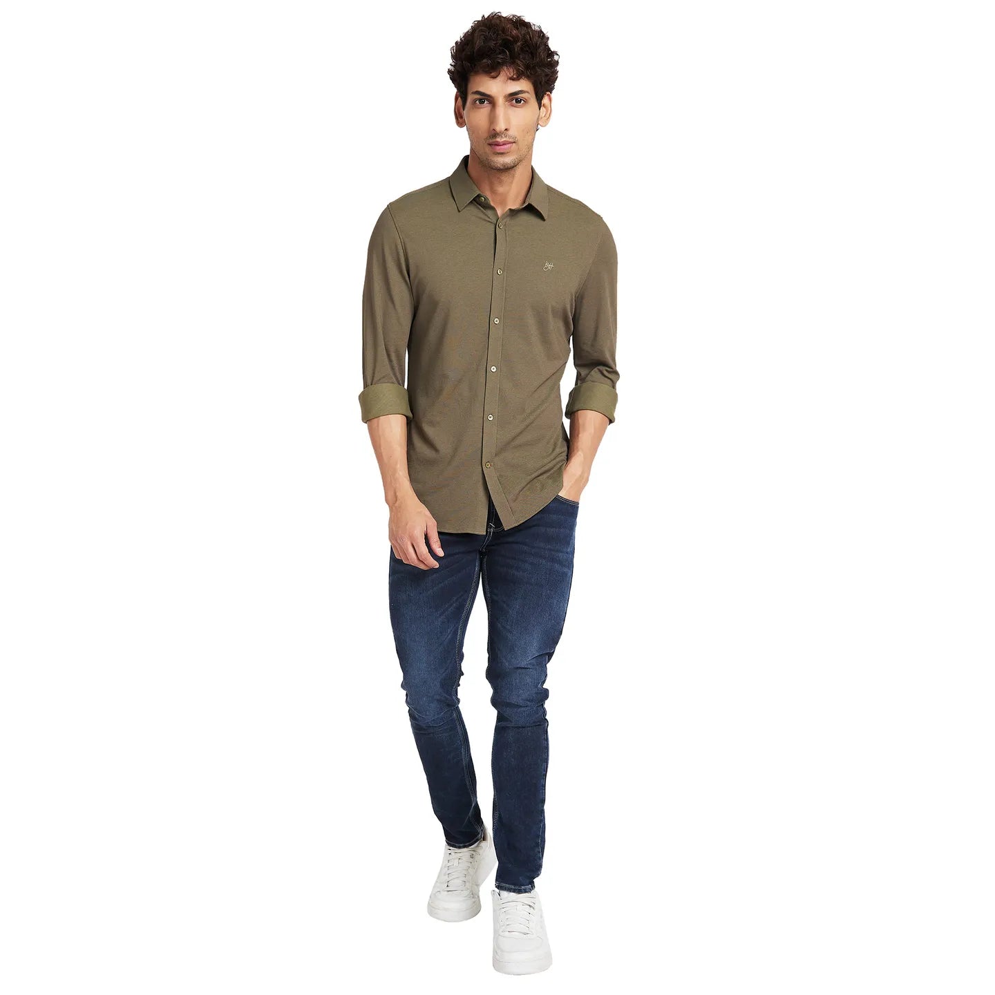 Olive Slim Fit Regular Collar Men's Shirt by Being Human Clothing