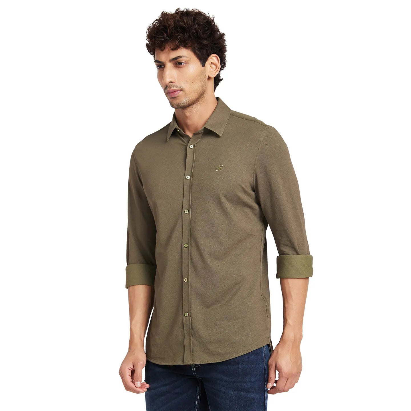 Olive Slim Fit Regular Collar Men's Shirt by Being Human Clothing