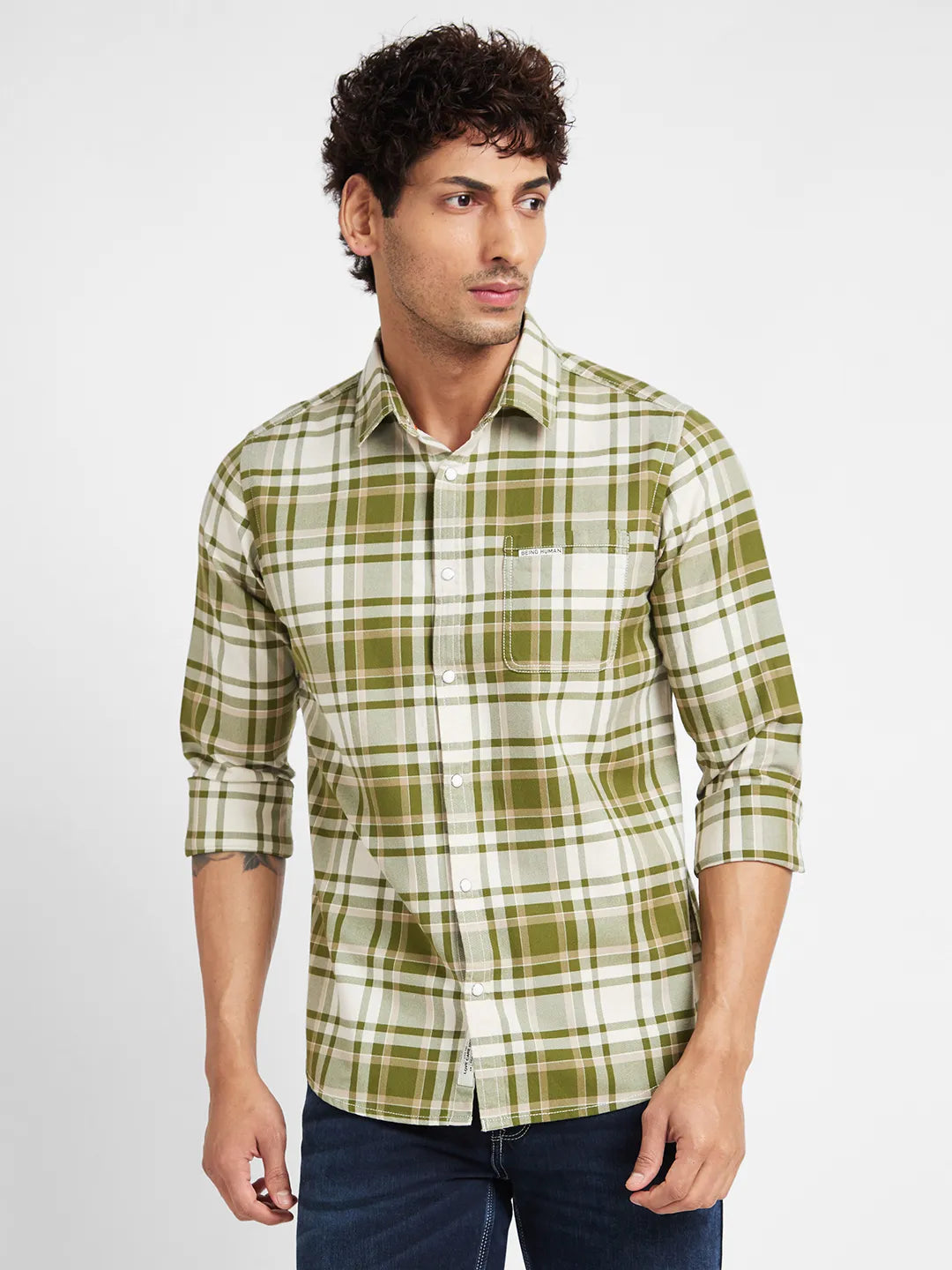 Light Olive Slim Fit Regular Collar Men's Shirt by Being Human Clothing