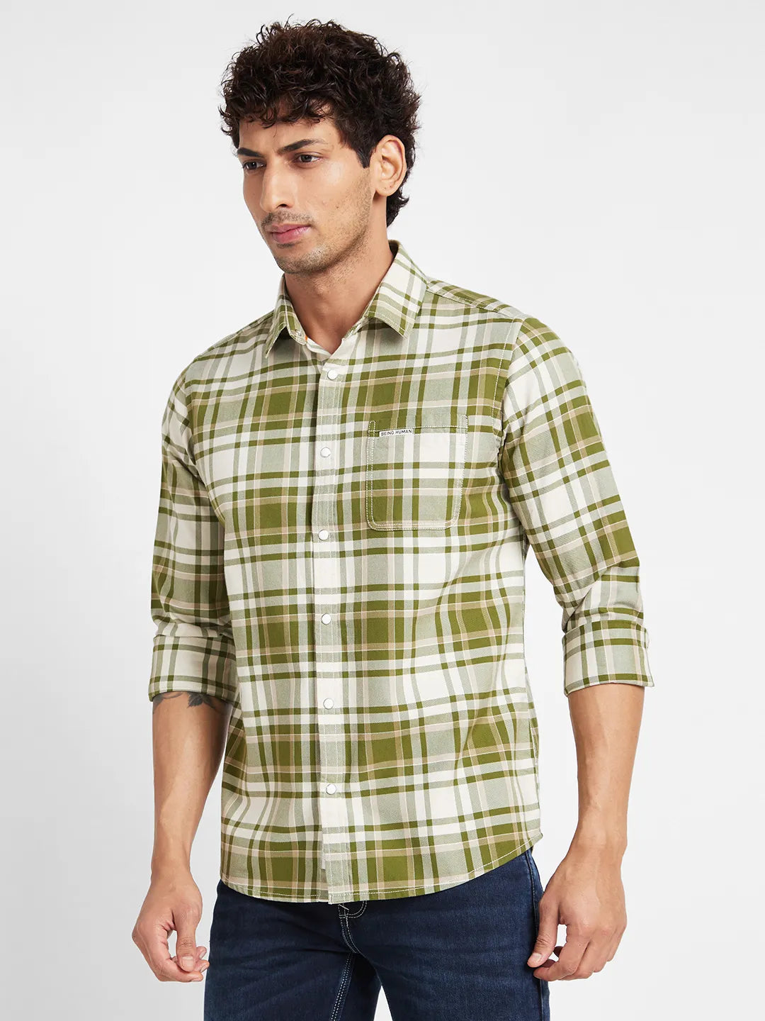 Light Olive Slim Fit Regular Collar Men's Shirt by Being Human Clothing