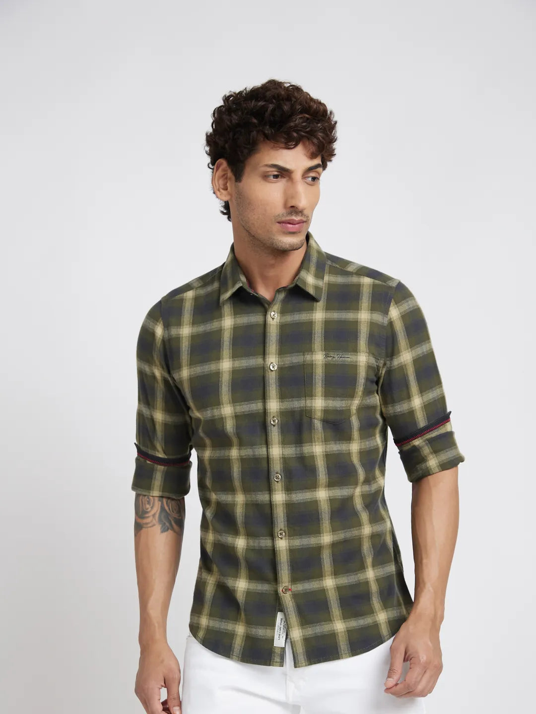 Olive Slim Fit Regular Collar Men's Shirt by Being Human Clothing