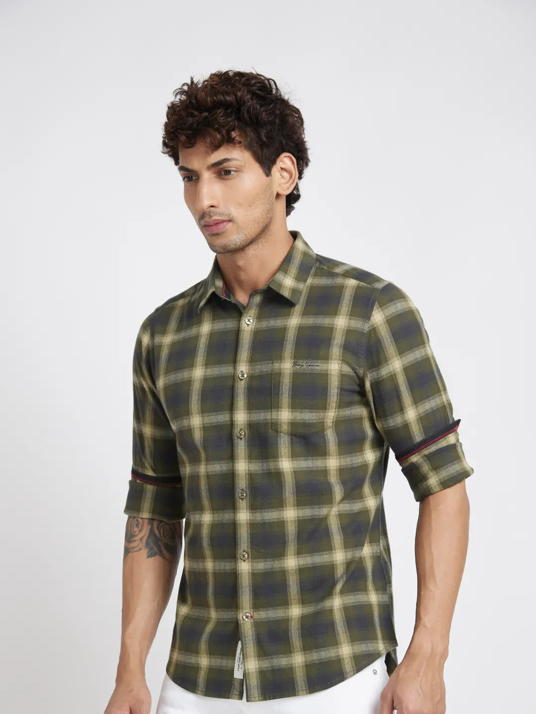 Olive Slim Fit Regular Collar Men's Shirt by Being Human Clothing