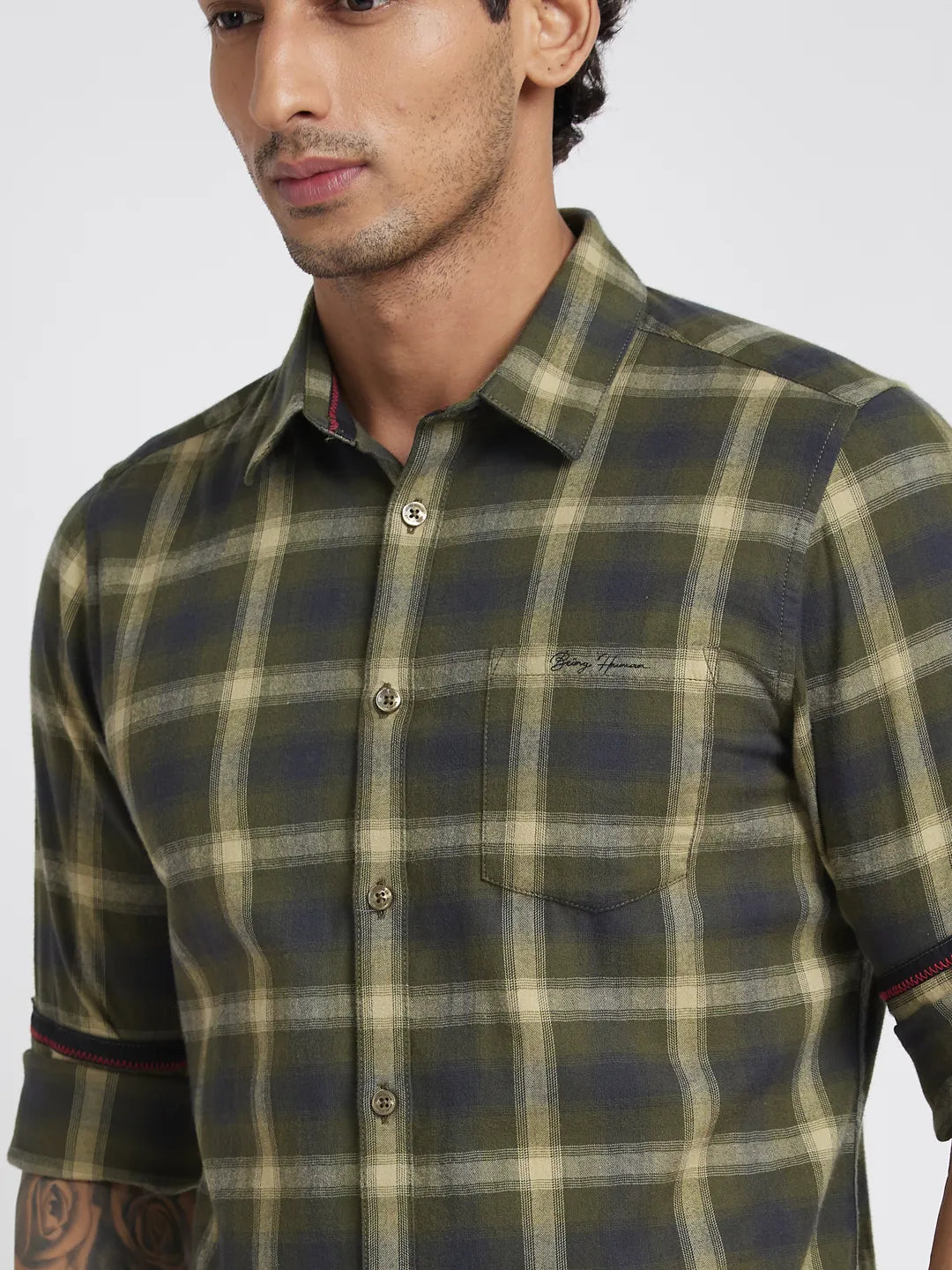 Olive Slim Fit Regular Collar Men's Shirt by Being Human Clothing