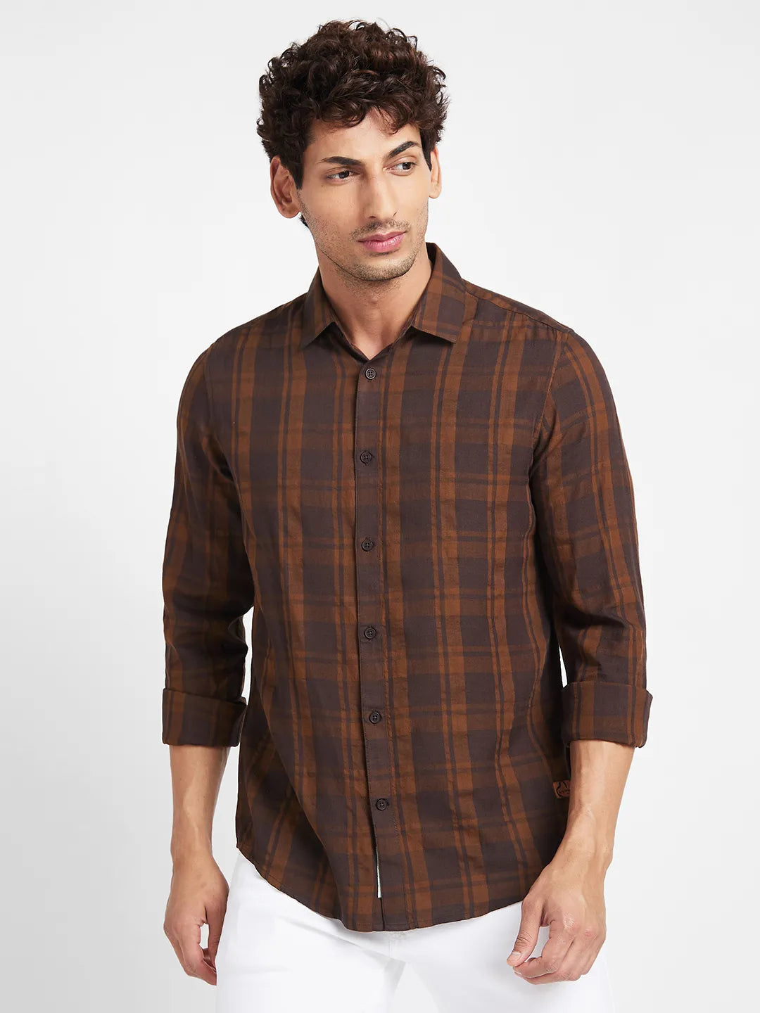 Brown Slim Fit Regular Collar Mens' Shirt by Being Human Clothing
