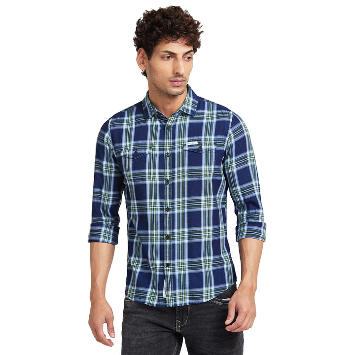 Navy Slim Fit Regular Collar Men's Shirt by Being Human Clothing
