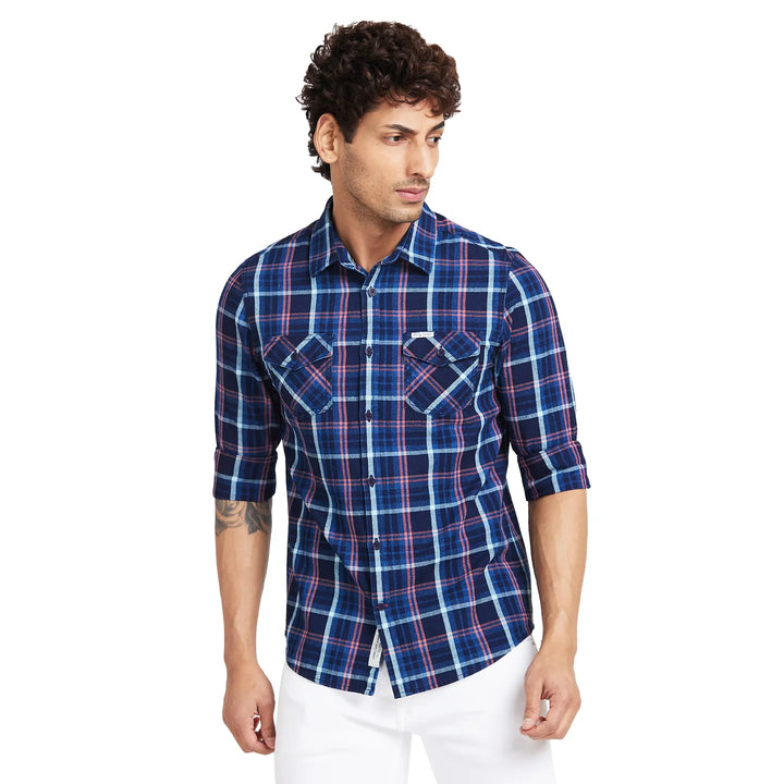 Navy Slim Fit Regular Collar Men's Shirt by Being Human Clothing