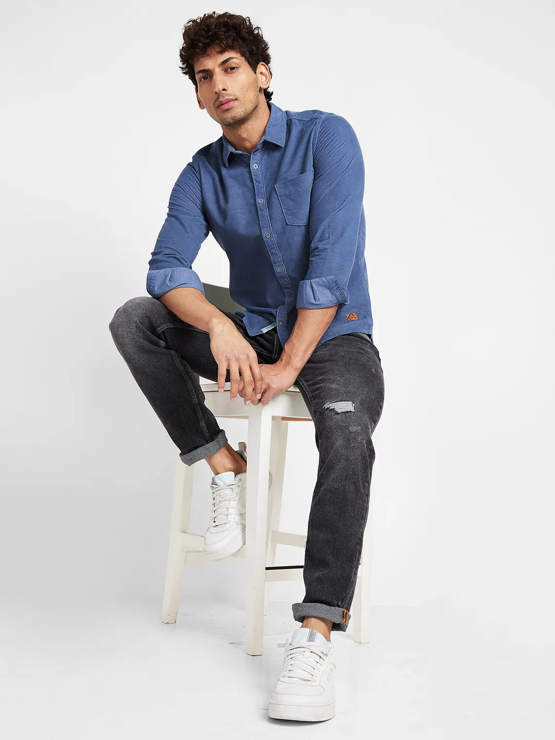 Grey Slim Straight Fit Regular Collar Long Sleeves Men's Shirt by Being Human Clothing