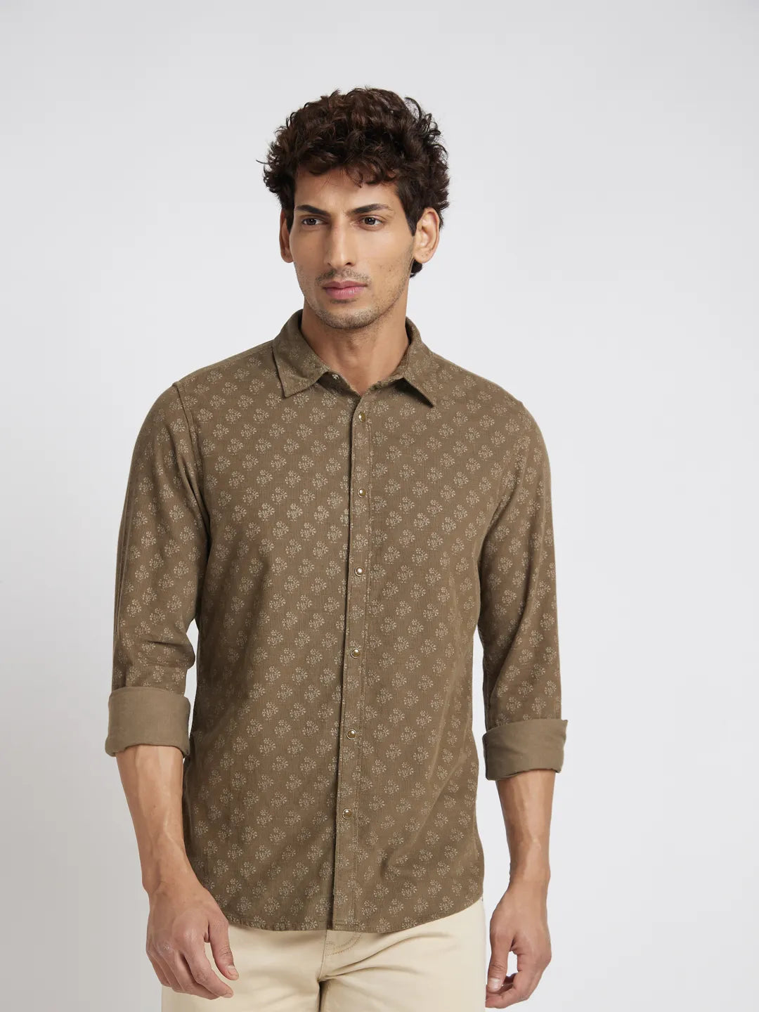 Khaki Slim Fit Regular Collar Men's Shirt by Being Human Clothing