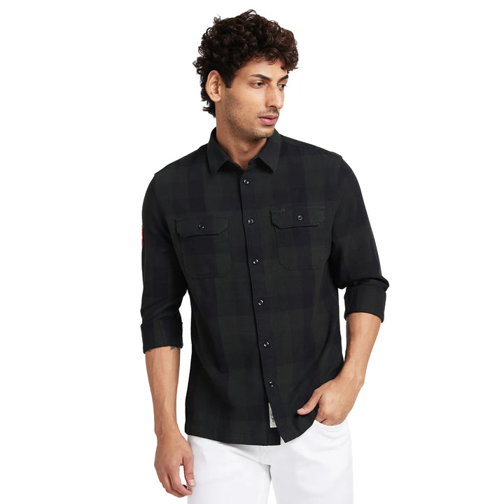 Green Slim Straight Fit Regular Collar Long Sleeves Men's Shirt by Being Human Clothing