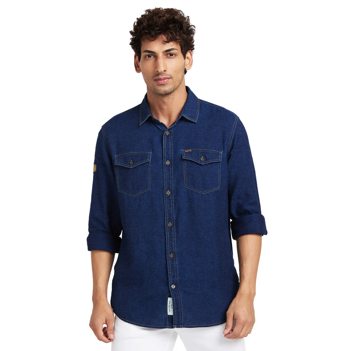 Blue Slim Straight Fit Regular Collar Long Sleeves Men's Shirt by Being Human Clothing
