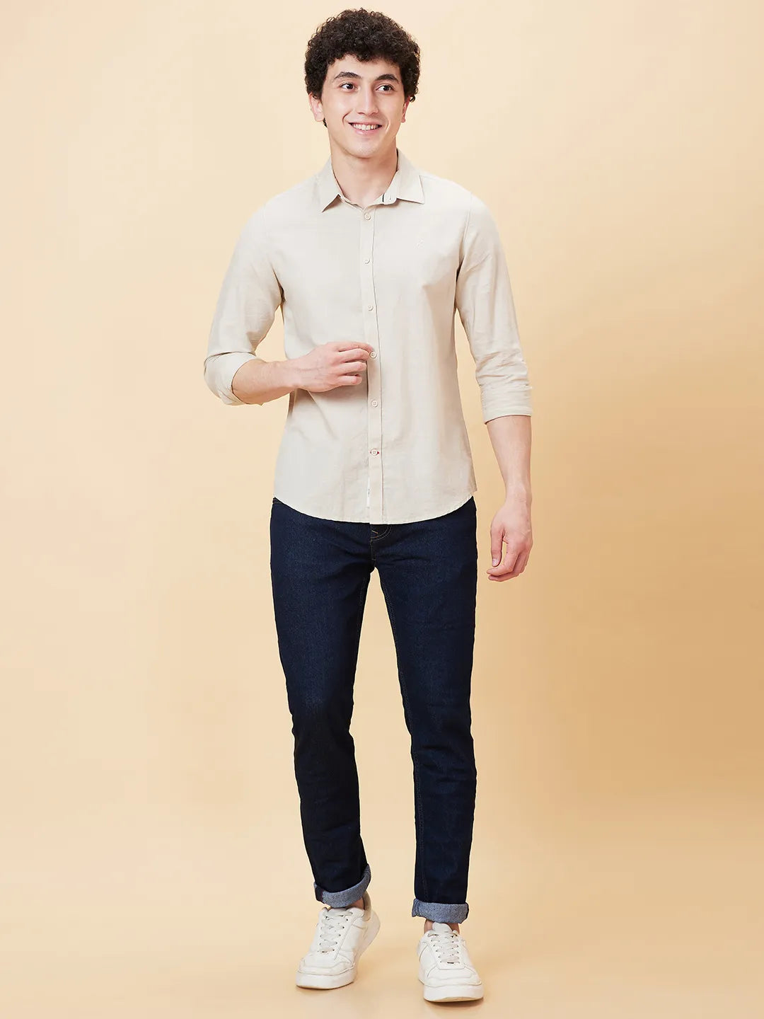 Beige Slim Straight Fit Regular Collar Long Sleeves Men's Shirt by Being Human Clothing
