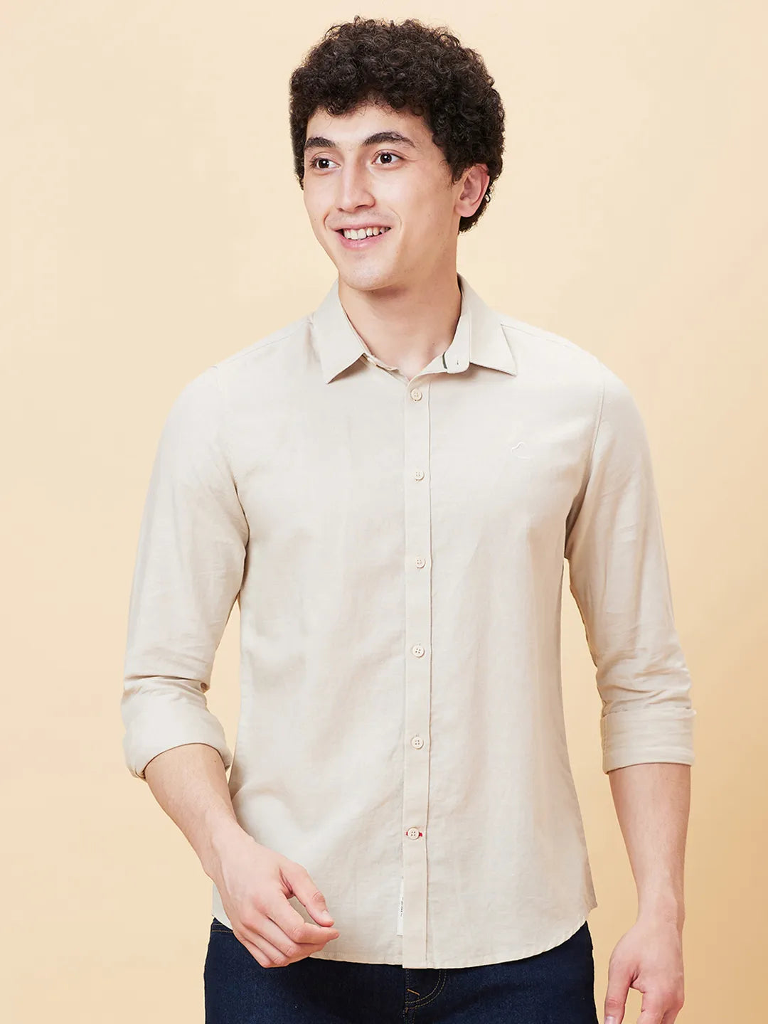 Beige Slim Straight Fit Regular Collar Long Sleeves Men's Shirt by Being Human Clothing