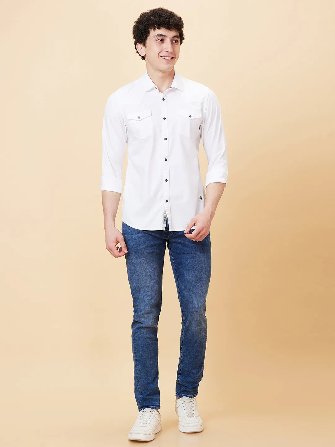 White Slim Straight Fit Regular Collar Long Sleeves Men's Shirt by Being Human Clothing