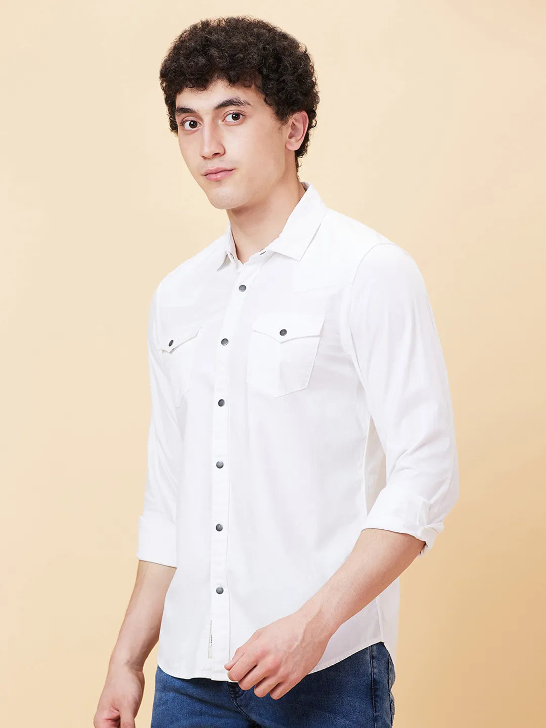 White Slim Straight Fit Regular Collar Long Sleeves Men's Shirt by Being Human Clothing