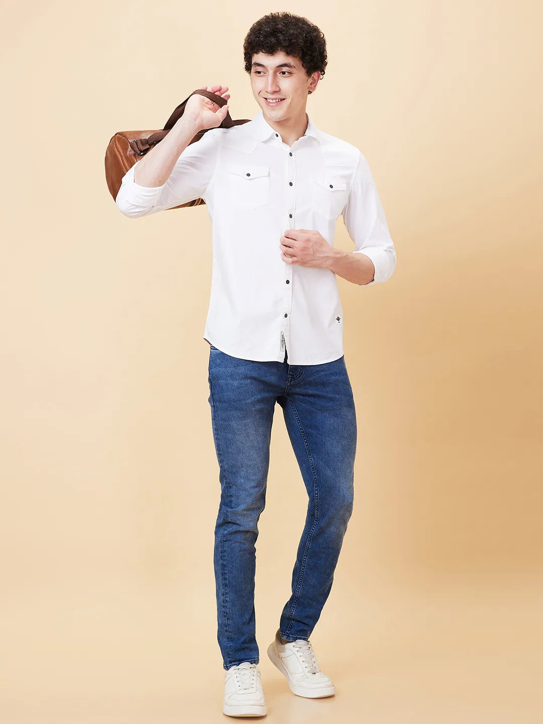 White Slim Straight Fit Regular Collar Long Sleeves Men's Shirt by Being Human Clothing