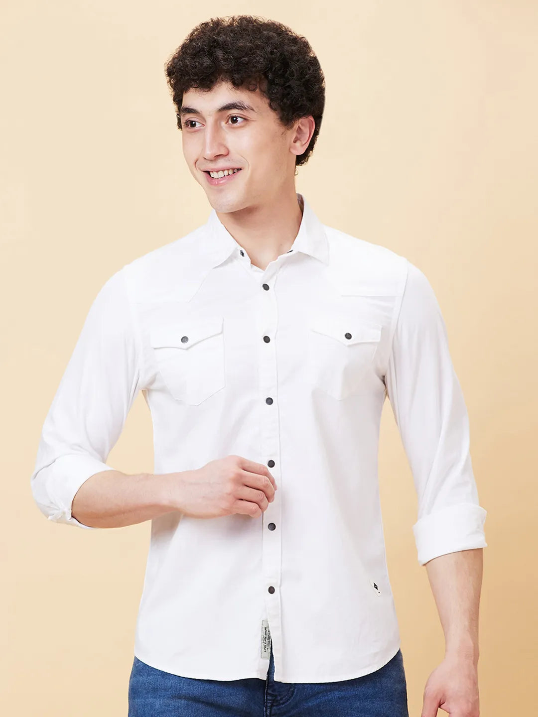 White Slim Straight Fit Regular Collar Long Sleeves Men's Shirt by Being Human Clothing