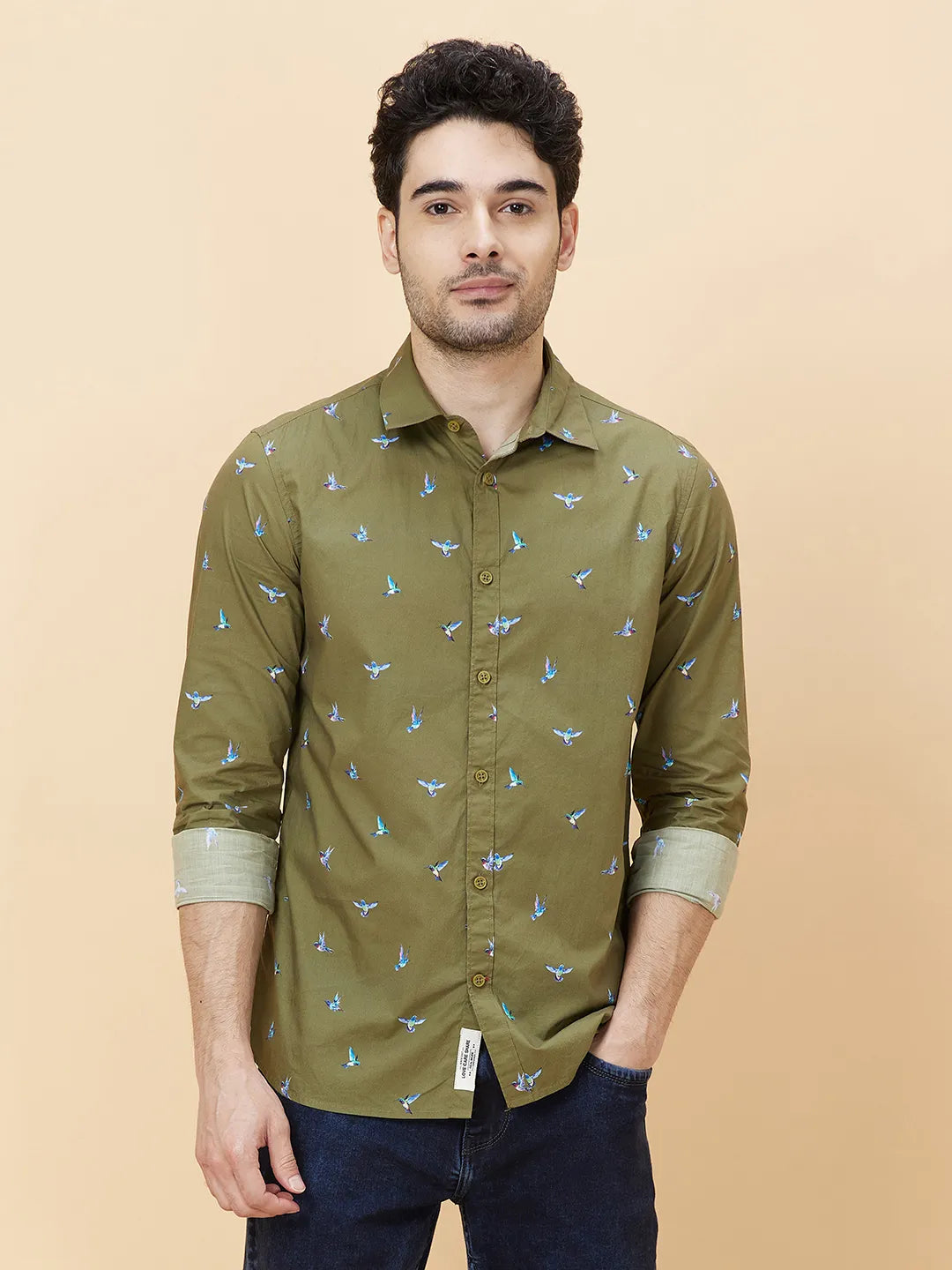 Olive Slim Fit Regular Collar Men's Shirt by Being Human Clothing