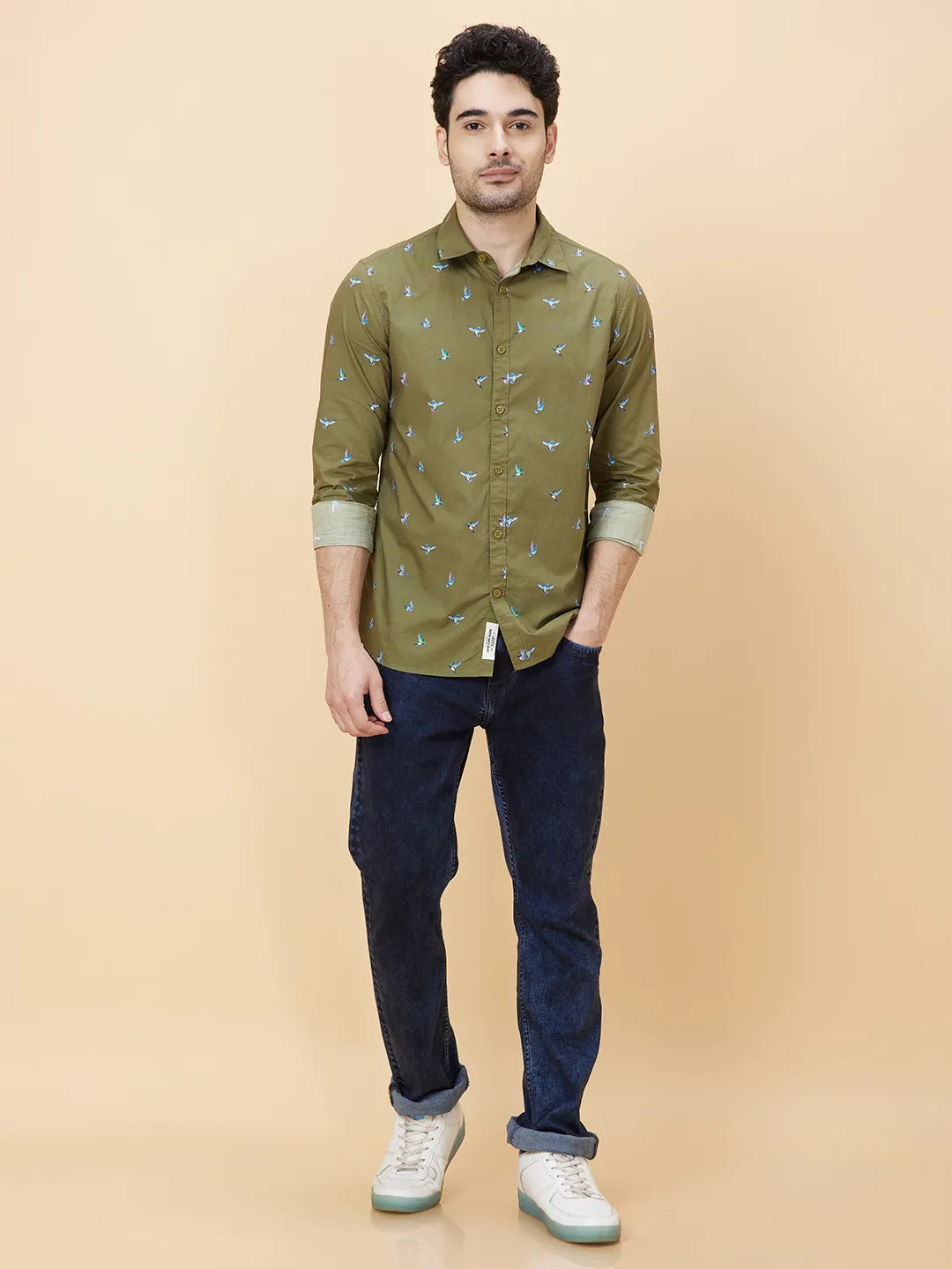 Olive Slim Fit Regular Collar Men's Shirt by Being Human Clothing