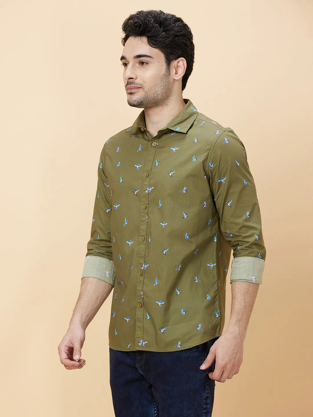 Olive Slim Fit Regular Collar Men's Shirt by Being Human Clothing