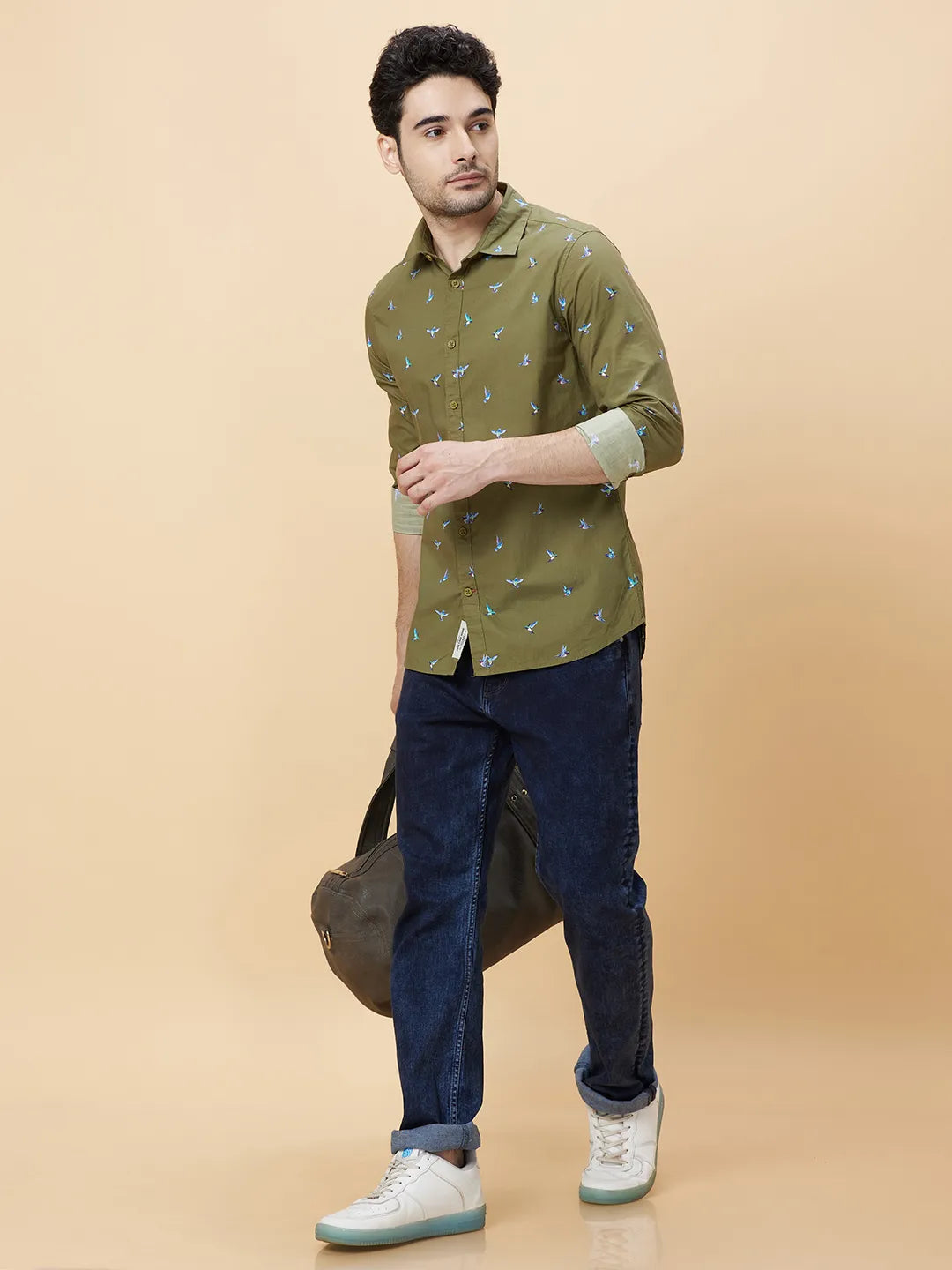 Olive Slim Fit Regular Collar Men's Shirt by Being Human Clothing