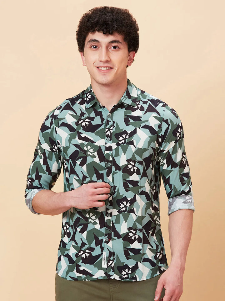 Green Slim Fit Regular Collar Men's Shirt by Being Human Clothing