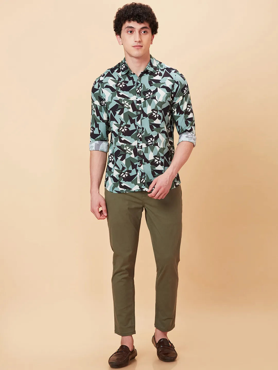 Green Slim Fit Regular Collar Men's Shirt by Being Human Clothing