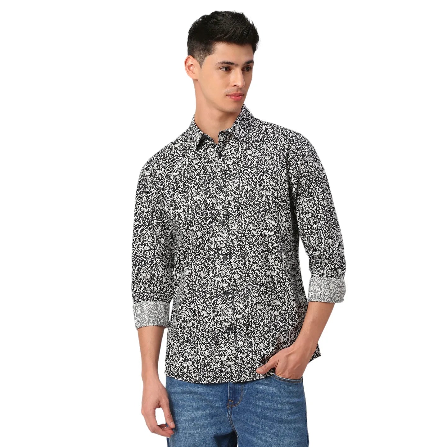 Black Slim Fit Regular Collar Men's Shirt by Being Human Clothing