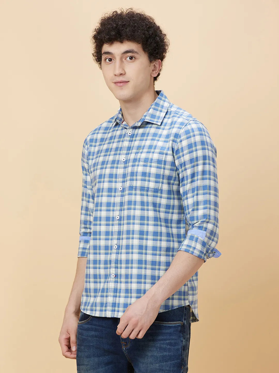 Blue Slim Straight Fit Regular Collar Long Sleeves Men's Shirt by Being Human Clothing