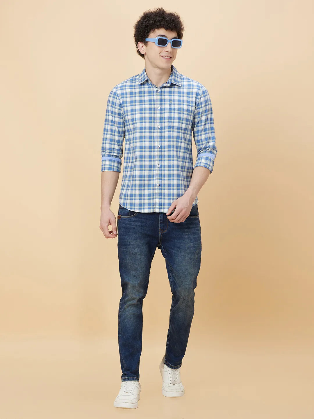 Blue Slim Straight Fit Regular Collar Long Sleeves Men's Shirt by Being Human Clothing