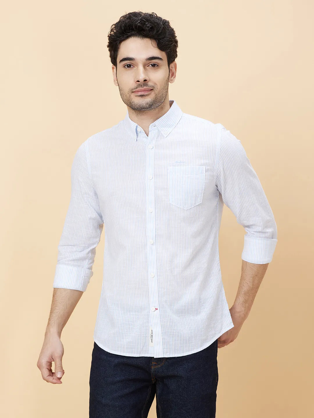 Blue Slim Straight Fit Regular Collar Long Sleeves Men's Shirt by Being Human Clothing