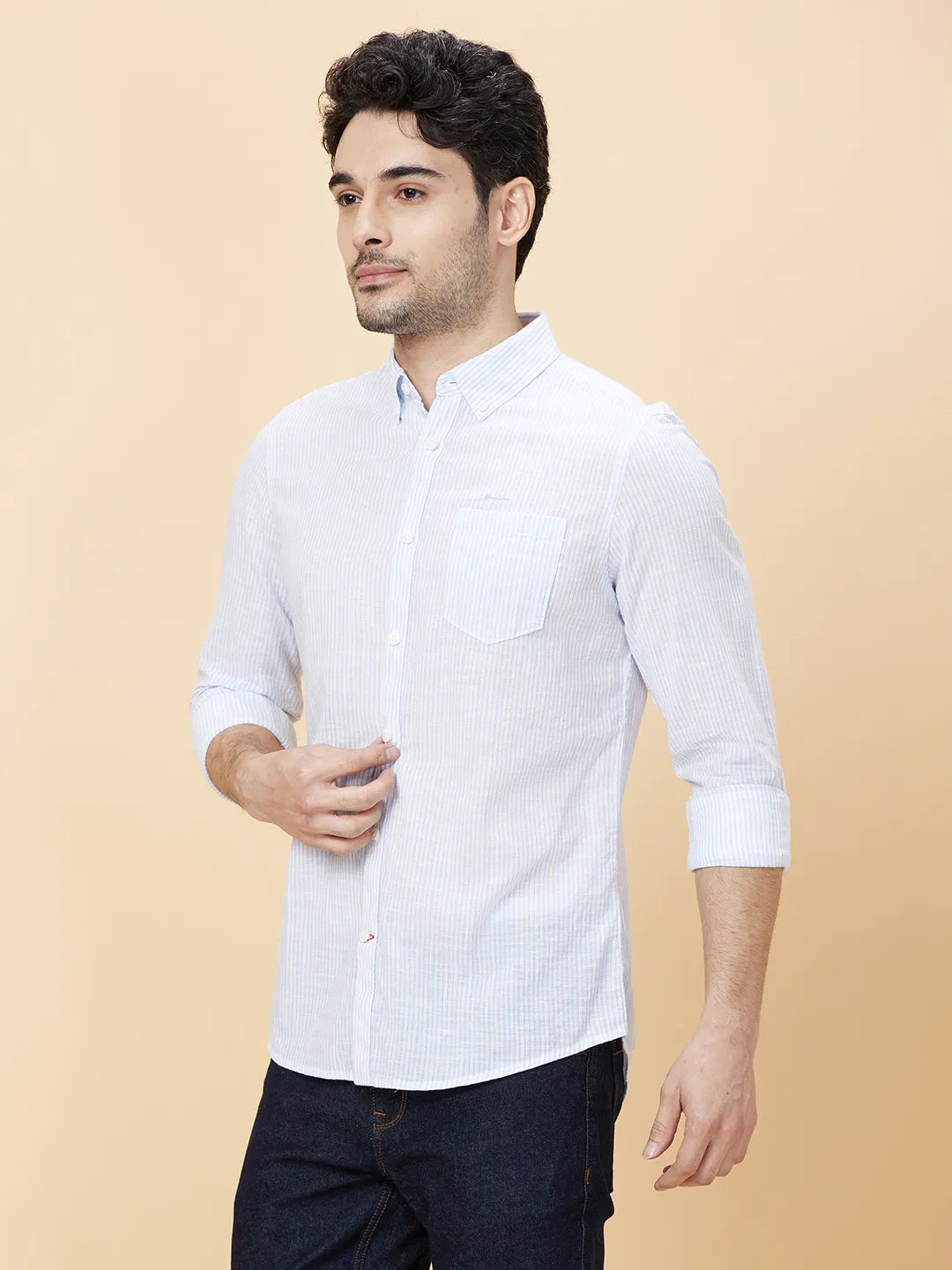 Blue Slim Straight Fit Regular Collar Long Sleeves Men's Shirt by Being Human Clothing