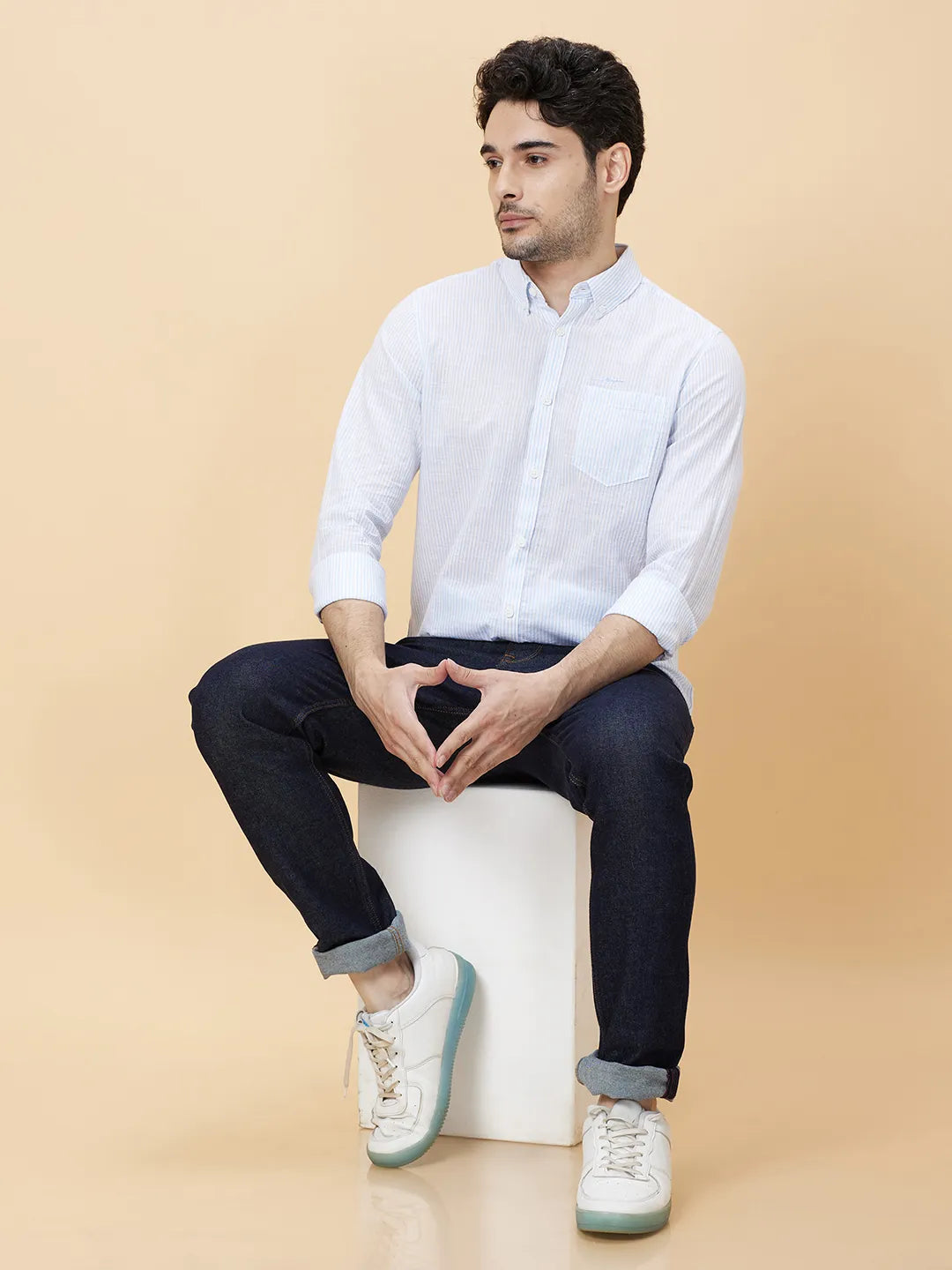 Blue Slim Straight Fit Regular Collar Long Sleeves Men's Shirt by Being Human Clothing