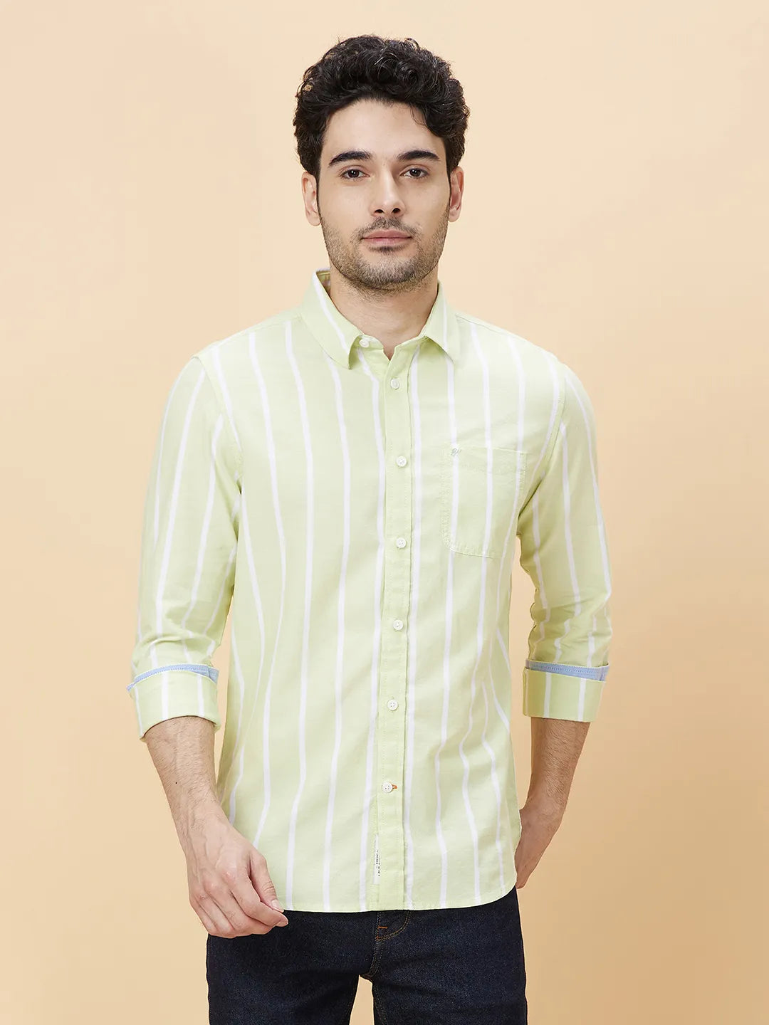 Green Slim Fit Regular Collar Men's Shirt by Being Human Clothing