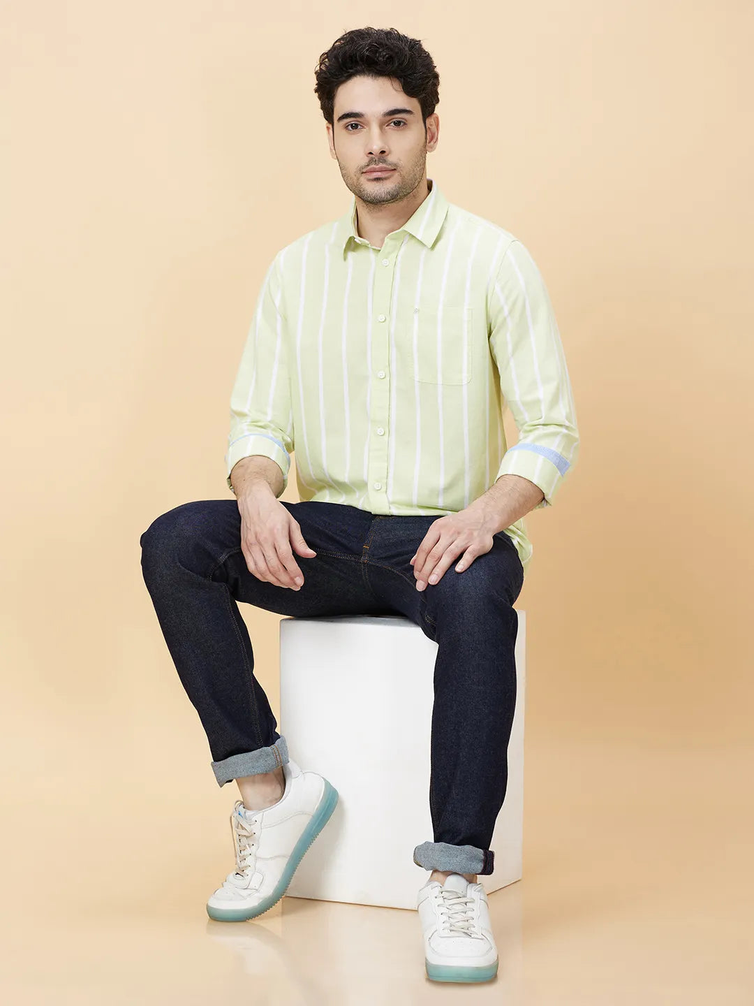 Green Slim Fit Regular Collar Men's Shirt by Being Human Clothing