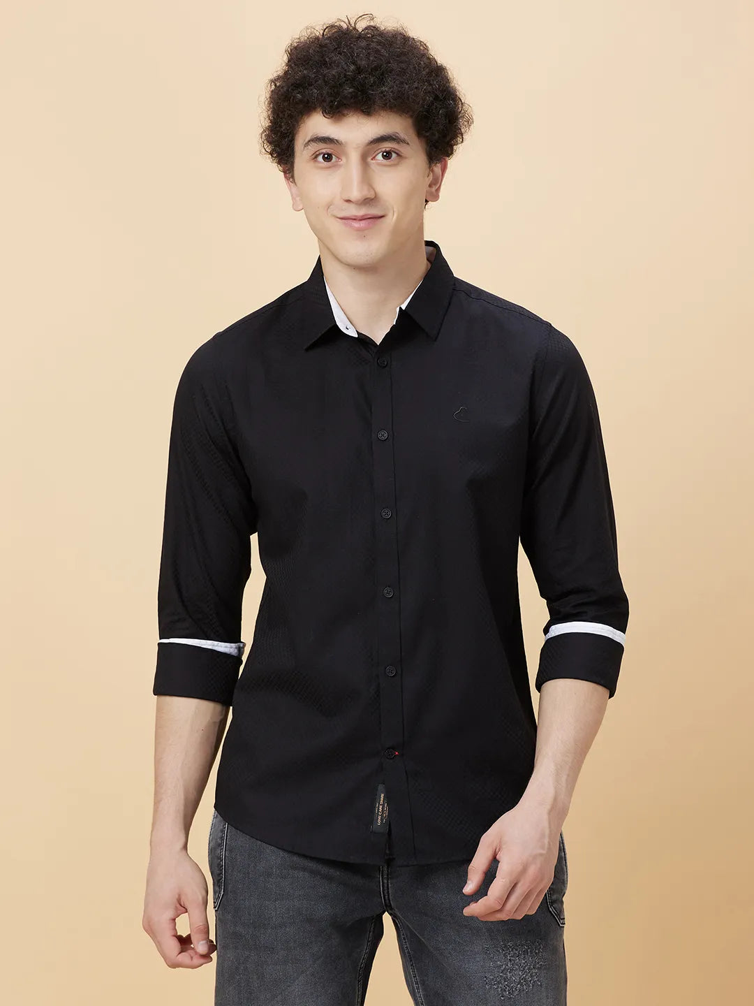 Black Slim Fit Regular Collar Men's Shirt by Being Human Clothing