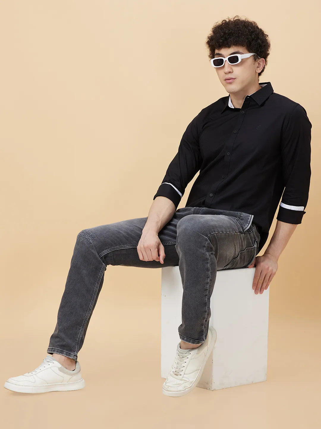 Black Slim Fit Regular Collar Men's Shirt by Being Human Clothing