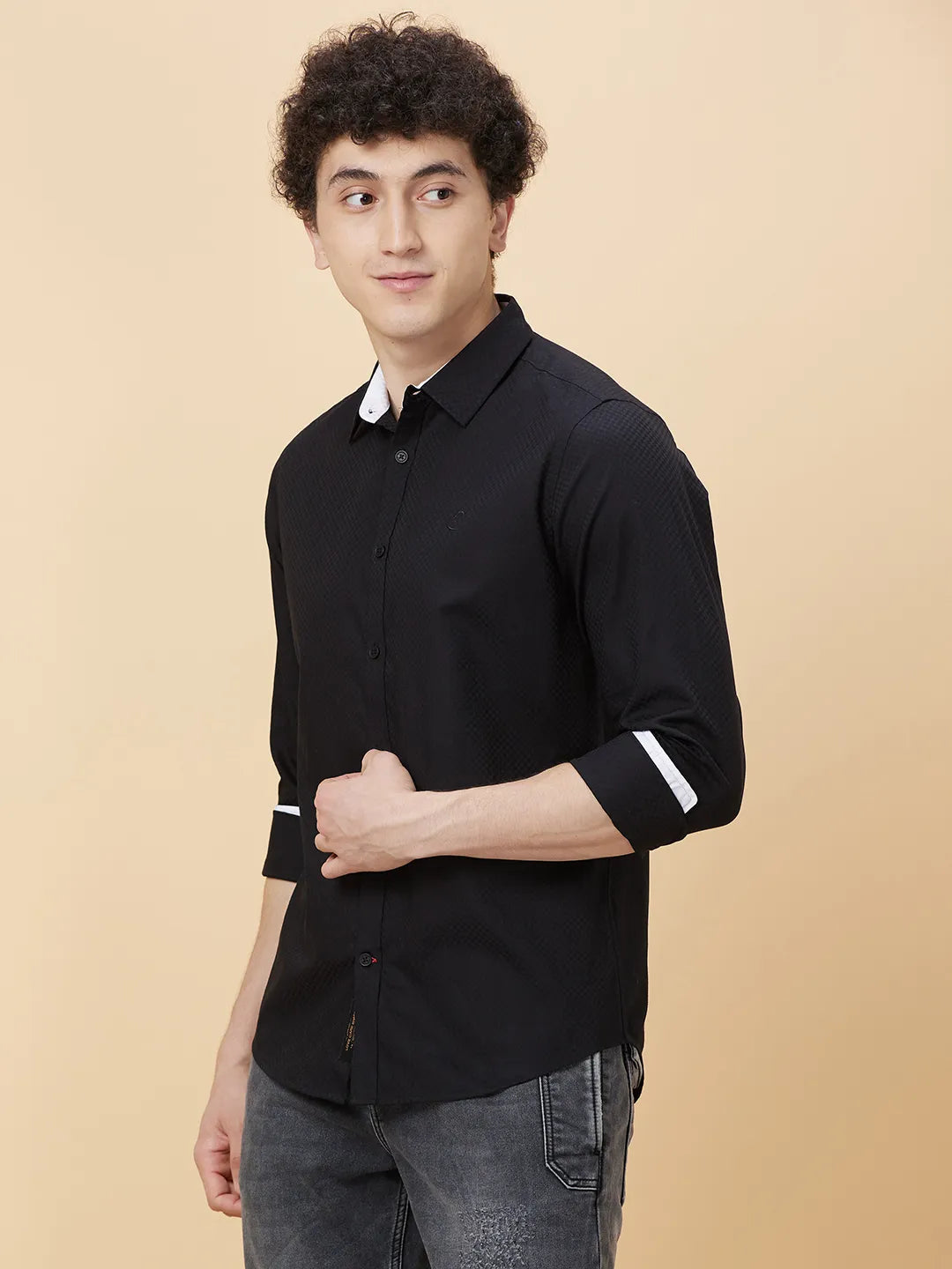 Black Slim Fit Regular Collar Men's Shirt by Being Human Clothing