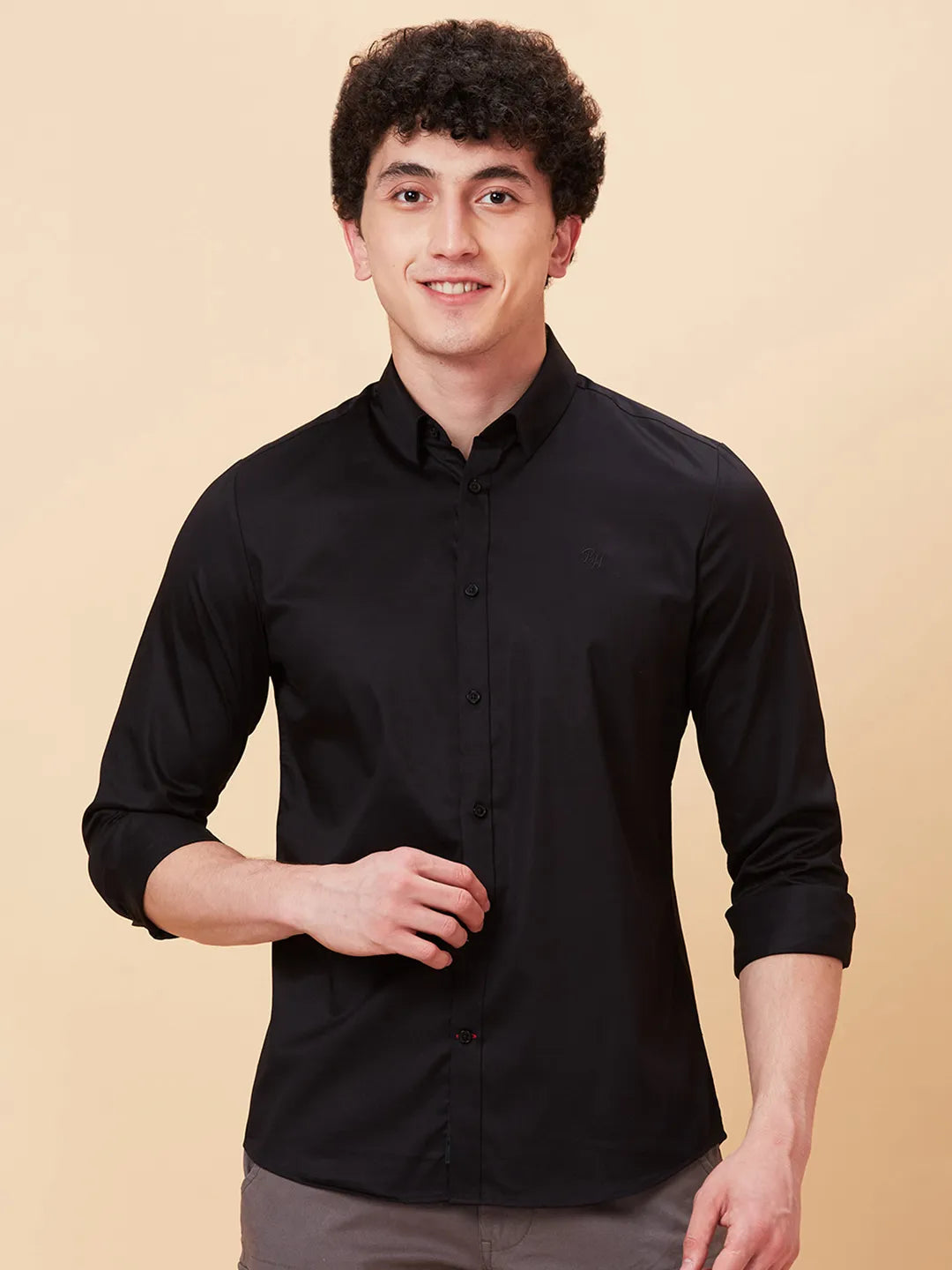 Black Slim Fit Regular Collar Men's Shirt by Being Human Clothing