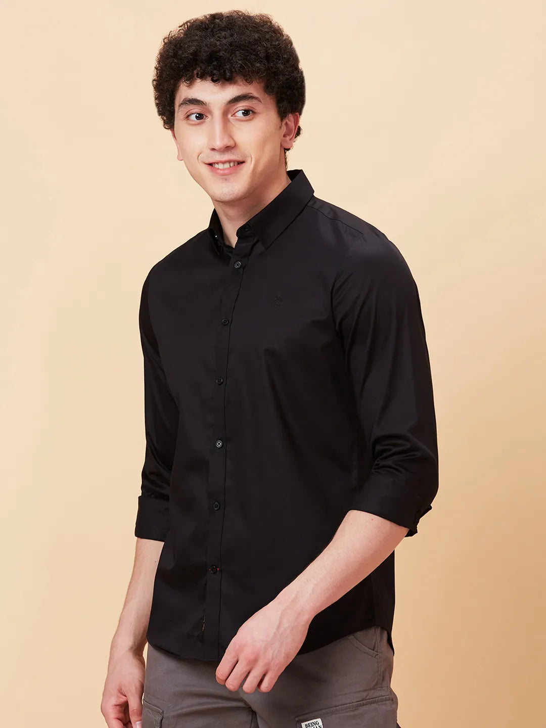 Black Slim Fit Regular Collar Men's Shirt by Being Human Clothing