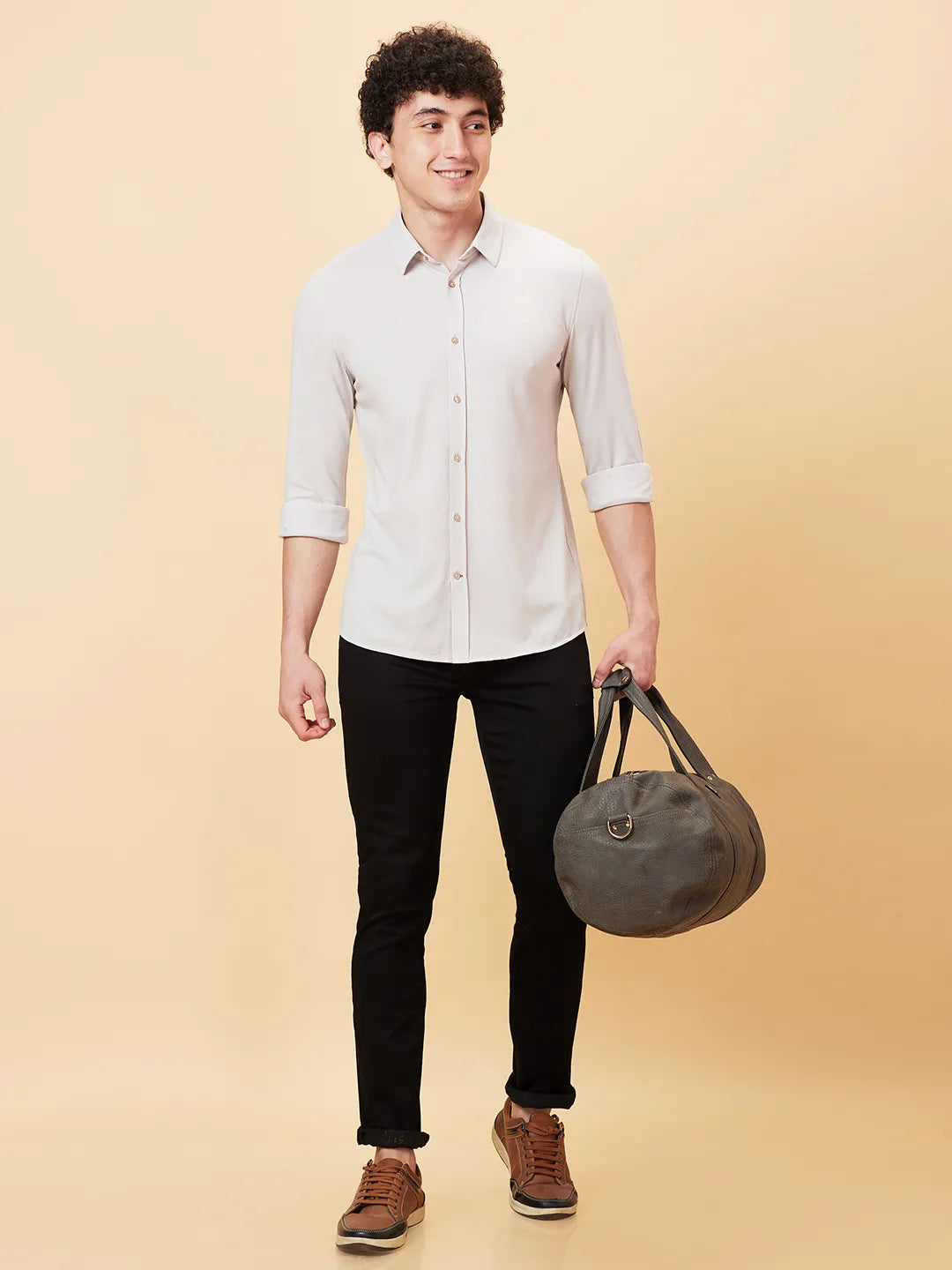 Off White Slim Fit Regular Collar Men's Shirt by Being Human Clothing