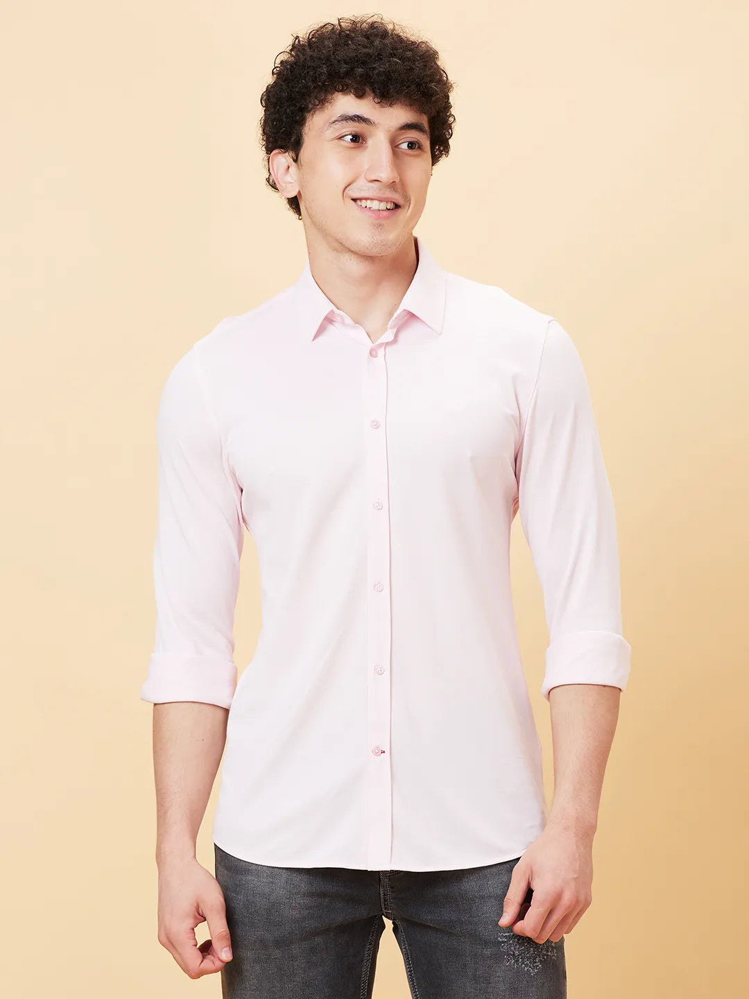 Powder Pink Slim Fit Regular Collar Men's Shirt by Being Human Clothing