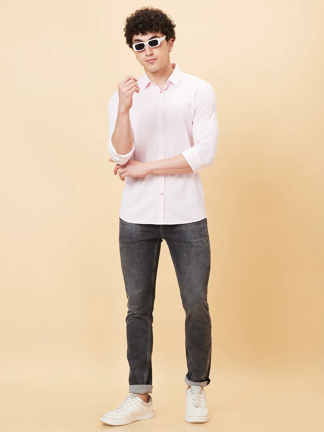 Powder Pink Slim Fit Regular Collar Men's Shirt by Being Human Clothing
