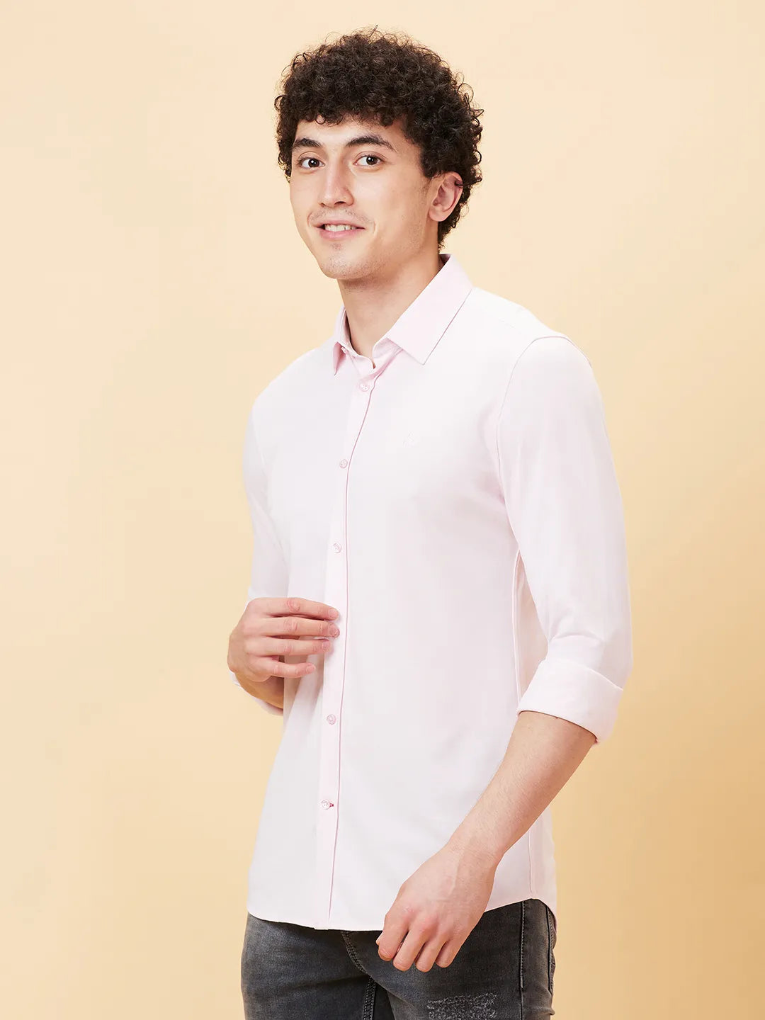 Powder Pink Slim Fit Regular Collar Men's Shirt by Being Human Clothing