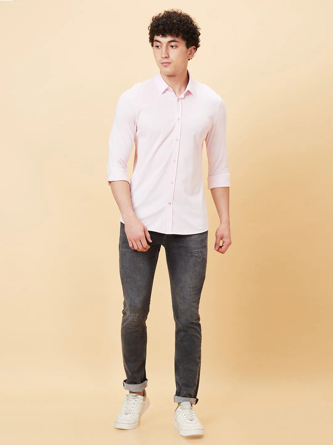 Powder Pink Slim Fit Regular Collar Men's Shirt by Being Human Clothing