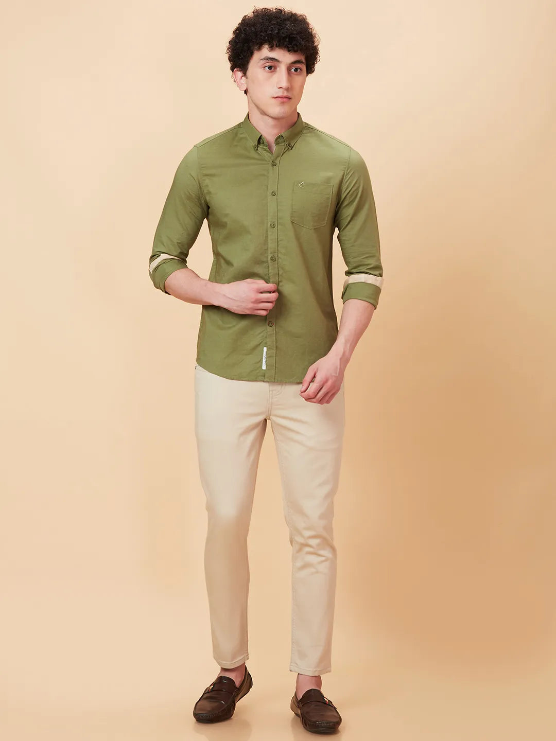 Olive Slim Straight Fit Regular Collar Long Sleeves Men's Shirt by Being Human Clothing