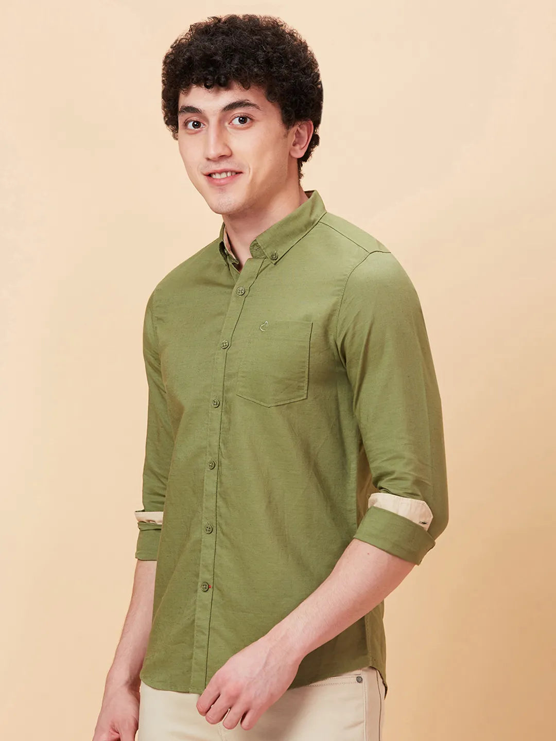 Olive Slim Straight Fit Regular Collar Long Sleeves Men's Shirt by Being Human Clothing