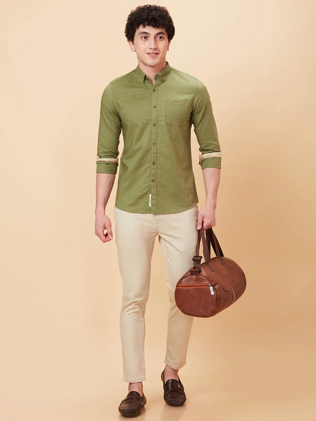 Olive Slim Straight Fit Regular Collar Long Sleeves Men's Shirt by Being Human Clothing