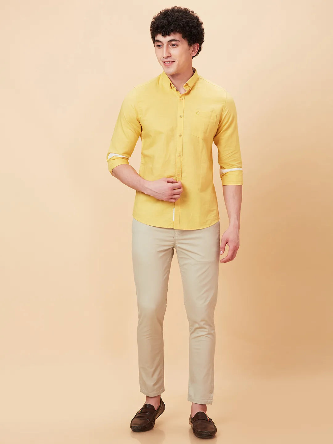 Yellow Slim Fit Regular Collar Men's Shirt by Being Human Clothing