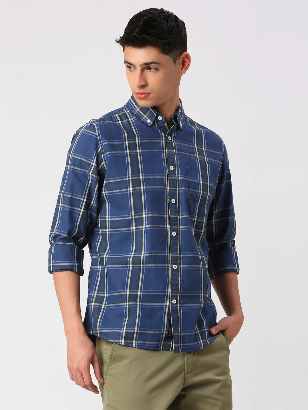 Blue Slim Fit Regular Collar Men's Shirt by Being Human Clothing