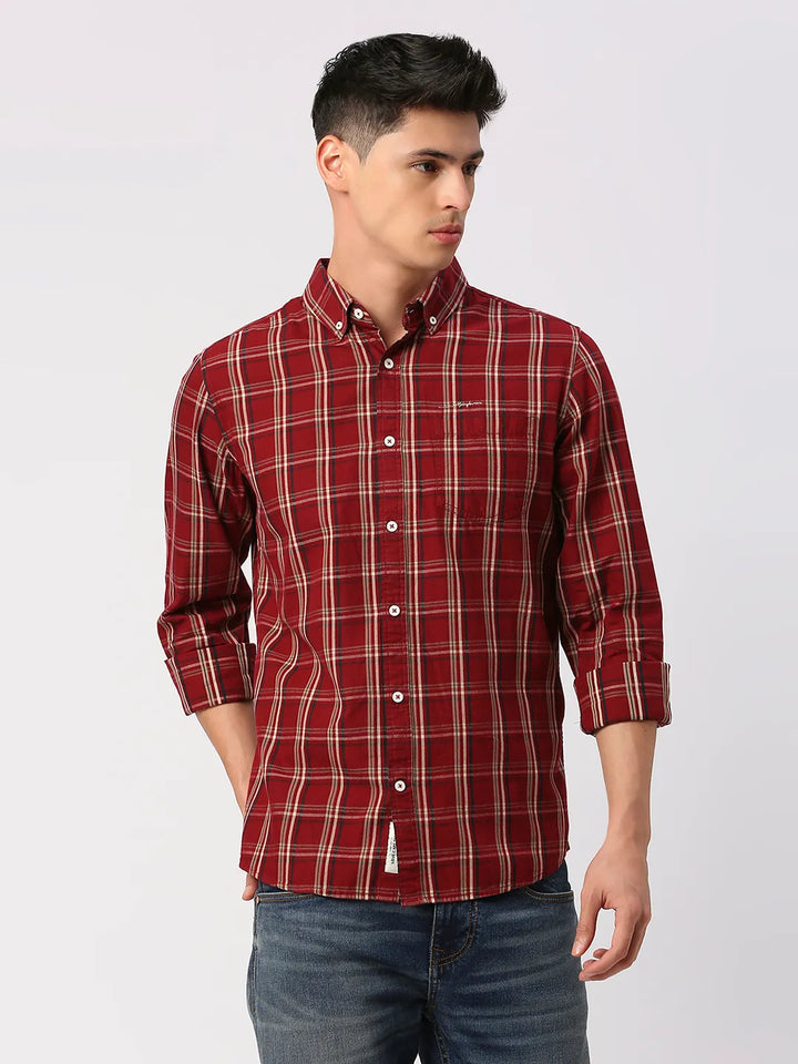 Red Slim Straight Fit Regular Collar Long Sleeves Men's Shirt by Being Human Clothing